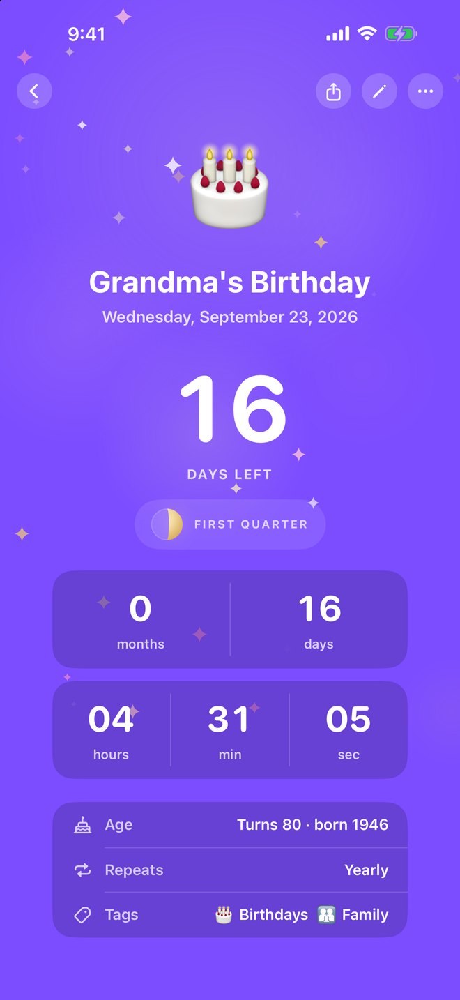 Grandma’s Birthday in Luna Days: 16 days left, Turns 80, born 1946.