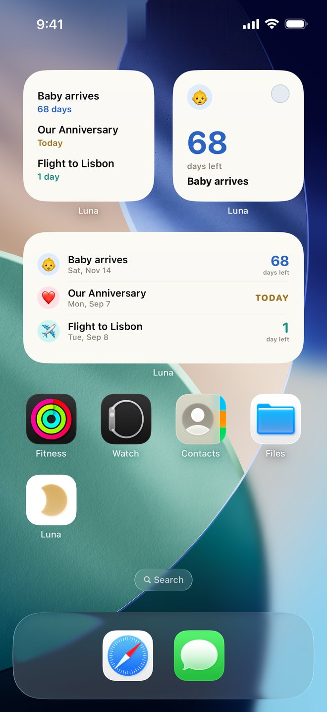 A Home Screen with three Luna widgets: Baby arrives in 68 days, Our Anniversary today, and Flight to Lisbon tomorrow.